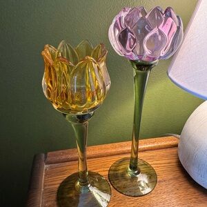 Elegant Glass Candle Holders - Yellow and Pink